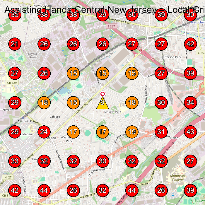 Assisting Hands Central New Jersey GeoGrid visibility map for Home Health Care Service in Edison